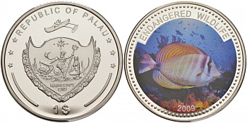 Палау 1 доллар 2009 серия вымирающие виды, рыба зебрасома (Zebrasoma veliferum), цветная эмаль KM 285 медно-никель PROOF M39-8