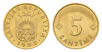Латвия 5 сантимов 1992 KM 16 никель латунь UNC 4679-266