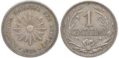 Уругвай 1 сентесимо 1924 KM 19 медно-никель 187-336