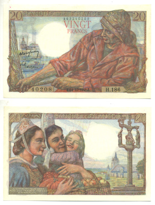 ФРАНЦИЯ 20 ФРАНКОВ 1948 14 ОКТЯБРЯ 1948 Pick 100c бумага 3295-20-1-1