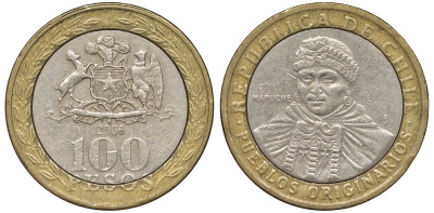 Чили 100 песо 2006 индейцы Мапуче KM 236 биметалл 4681-527