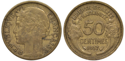 Франция 50 сантимов 1937 KM 894.1 алюминиевая бронза 4164-215