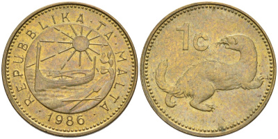 Мальта 1 цент 1986 ласка, горностай KM 78 никель латунь 4585-1138
