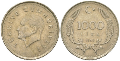 Турция 1000 лир 1990 KM 997 медь цинк никель 4582-425