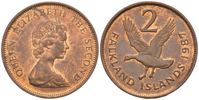 Фолклендские острова 2 пенса 1987 Елизавета II (1952-2022), магелланов гусь KM 3 бронза 87-113