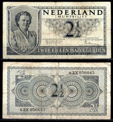 Нидерланды 2 1/2 гульдена 1945 Pick 73 бумага 7457-15-1-2