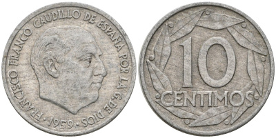 Испания 10 сентимо 1959 Франсиско Франко (1939-1975) KM 790 алюминий 4602-1218