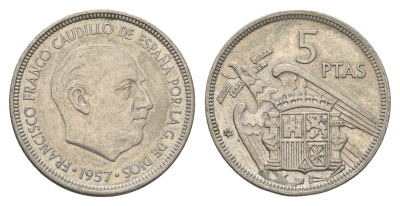 Испания 5 песет 1957 (74) Франсиско Франко (1939-1975) KM 786 медно-никель 4673-954