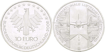 ФРГ 10 евро 2009 D, 100 лет международной выставки воздухоплавания KM 281, DE.S. 10.41 серебро UNC 413-731