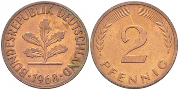 ФРГ 2 ПФЕННИГА 1968 J KM 106a, J.381a сталь плакированная сталь плакированная медьюю 3718-366