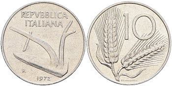 Италия 10 лир 1972 R, плуг KM 93 алюминий    4592-1253