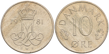 ДАНИЯ 10 ЭРЕ 1981 B; B, МАРГРЕТЕ II (1972-) KM 860.2 медно-никель 4564-1235