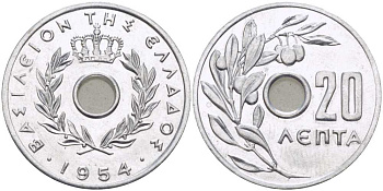 Греция 20 лепта 1954 Павел I (1947-1964), оливковая ветвь KM 79 алюминий UNC 28-354