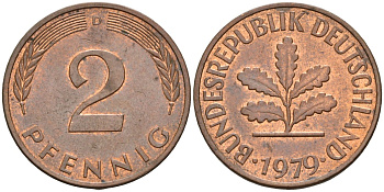 ФРГ 2 пфеннига 1979 D KM 106a, J.381 сталь плакированная медью 4115-143
