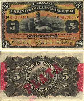 Куба 5 песо 1896 Испанская Администрация, красная надпечатка PLATA Pick 48b бумага XF 7191-23-3-2