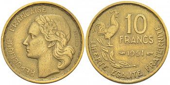 Франция 10 франков 1951 петух KM 915.1, Le Franc 363.4 алюминиевая бронза 3309-1122