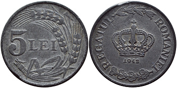 РУМЫНИЯ 5 ЛЕЙ 1942 МИХАЙ I (1940-1947), ВТОРАЯ МИРОВАЯ ВОЙНА KM 61 цинк 4390-1111