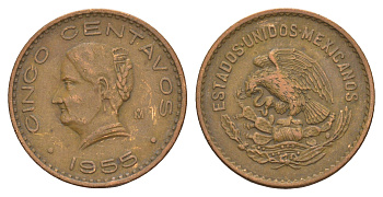 Мексика 5 сентаво 1955 KM 424 бронза 4656-1151