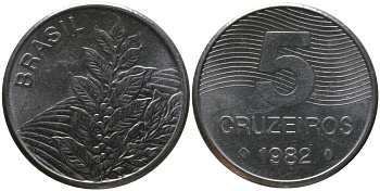 Бразилия 5 крузейро 1982 KM 591, Schon 100 нержавеющая сталь 4514-755