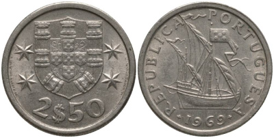 ПОРТУГАЛИЯ 2,5 ЭСКУДО 1969 ПАРУСНИК KM 590 медно-никель 181-333