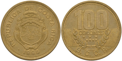 КОСТА-РИКА 100 КОЛОН 1995 w KM 230 сталь плакированная латунью 82-223