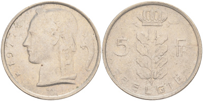 БЕЛЬГИЯ 5 ФРАНКОВ 1977 BELGIE KM 135.1 медно-никель 4556-554