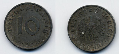 ГЕРМАНИЯ 10 РЕЙХСПФЕННИГОВ 1941 A KM 101, J 371 цинк 36-942