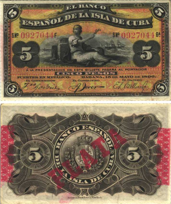 Куба 5 песо 1896 Испанская Администрация, красная надпечатка PLATA Pick 48b бумага XF 7191-23-3-2