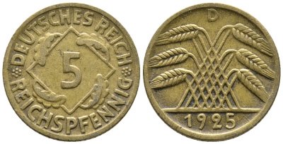ГЕРМАНИЯ 5 РЕЙХСПФЕННИГОВ 1925 D KM 39, J. 316 алюминиевая бронза 39-545
