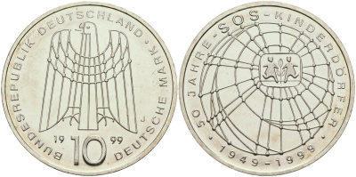ФРГ 10 марок 1999 J, 50 лет организации защиты детей KM 198 серебро UNC 04-137-11