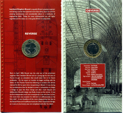 Великобритания набор из 2 монет по 2 фунта 2006 Елизавета II (1952-2022), 200 лет со дня рождения Изамбарда Кингдома Брюнеля - станция Паддингтон, в оригинальном картонном буклете KM 1061 Spink K20 биметалл BUNC 00-00