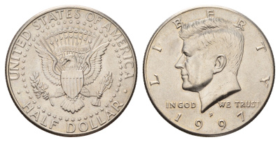США 1/2 доллара (50 центов) 1997 P, Джон Кеннеди KM A202b медь плакированная медно-никелем UNC 4672-725