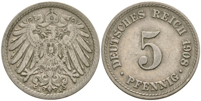 Германия 5 пфеннигов 1908 A KM 11, Jager 12, Weege 6 медно-никель 4364-4535