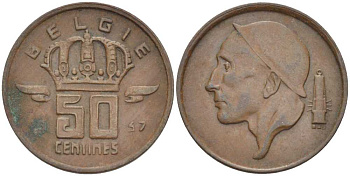 БЕЛЬГИЯ 50 САНТИМОВ 1957 BELGIE KM 149.1 бронза 4396-219