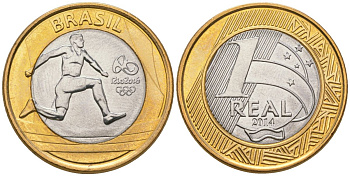 Бразилия 1 реал 2014 XXXI летние Олимпийские Игры, Рио-де-Жанейро 2016 - Атлетизм KM 687 биметалл UNC 4139-223