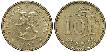 ФИНЛЯНДИЯ 10 ПЕННИ 1968 S KM 46 алюминиевая бронза 3334-1124