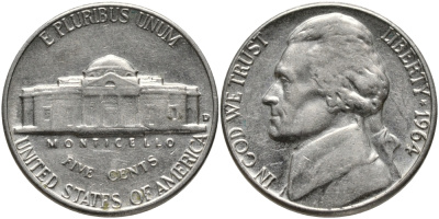 США 5 ЦЕНТОВ 1964 ДЖЕФФЕРСОН KM A192 медно-никель 4390-423