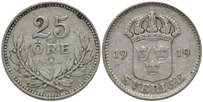 Швеция 25 эре 1919 W, Густав V (1907-1950) КМ 785 серебро 201-1047