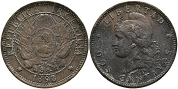 Аргентина 2 сентаво 1893 голова свободы влево KM 33 бронза 4531-1134