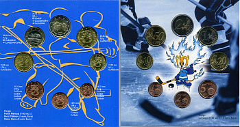 Финляндия евронабор из 8 монет 2003 Чемпионат мира по хоккею с шайбой, официальный набор в оригинальном буклете UNC 5-6-2-19