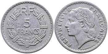 ФРАНЦИЯ 5 ФРАНКОВ 1945 В KM 888b.2 алюминий 08-1245