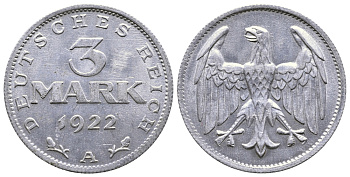 ГЕРМАНИЯ 3 МАРКИ 1922 А KM 28, J. 302 алюминий 4380-716