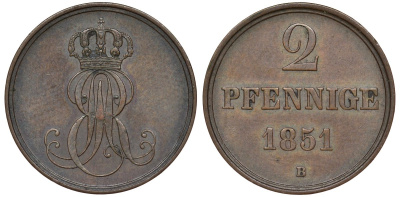 Ганновер 2 пфеннига 1851 B, Эрнст Август (1837-1851) KM 202.1, AKS 124, J. 75 медь 72-417