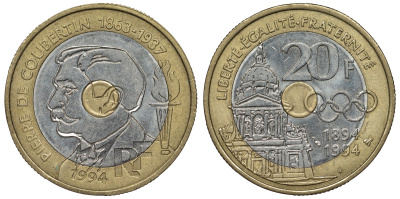 Франция 20 франков 1994 100 лет международному Олимпийскому комитету, Пьер Кубертен KM 1036, Le Franc 405.2 триметалл 4123-723