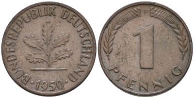 ФРГ 1 ПФЕННИГ 1950 F KM 105, J.380 сталь плакированная медью 75-412