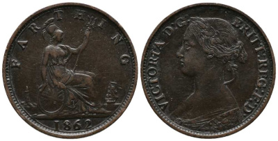 Великобритания 1 фартинг 1862 Виктория (1837-1901) KM 747.2, Spink 3958 бронза  1518-1111
