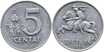 ЛИТВА 5 ЦЕНТОВ 1991 KM 87 алюминий 4393-836