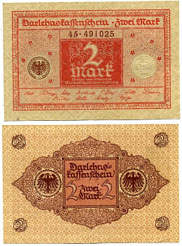 ГЕРМАНИЯ 2 МАРКИ 1920 1 МАРТА 1920, ВЕЙМАРСКАЯ РЕСПУБЛИКА, КРАСНАЯ, СЕРИЯ 45 Pick 59, Rosenberg 65b бумага 7523-16-4