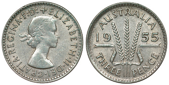 Австралия 3 пенса 1955 m, Елизавета II (1952-2022) KM 57 серебро 71-425