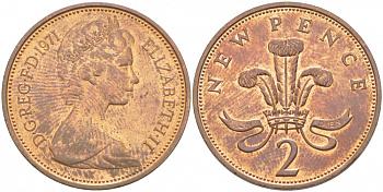 Великобритания 2 пенса 1971 Елизавета II (1952-2022) KM 916, Spink 4235 (C1) бронза 212-1251
